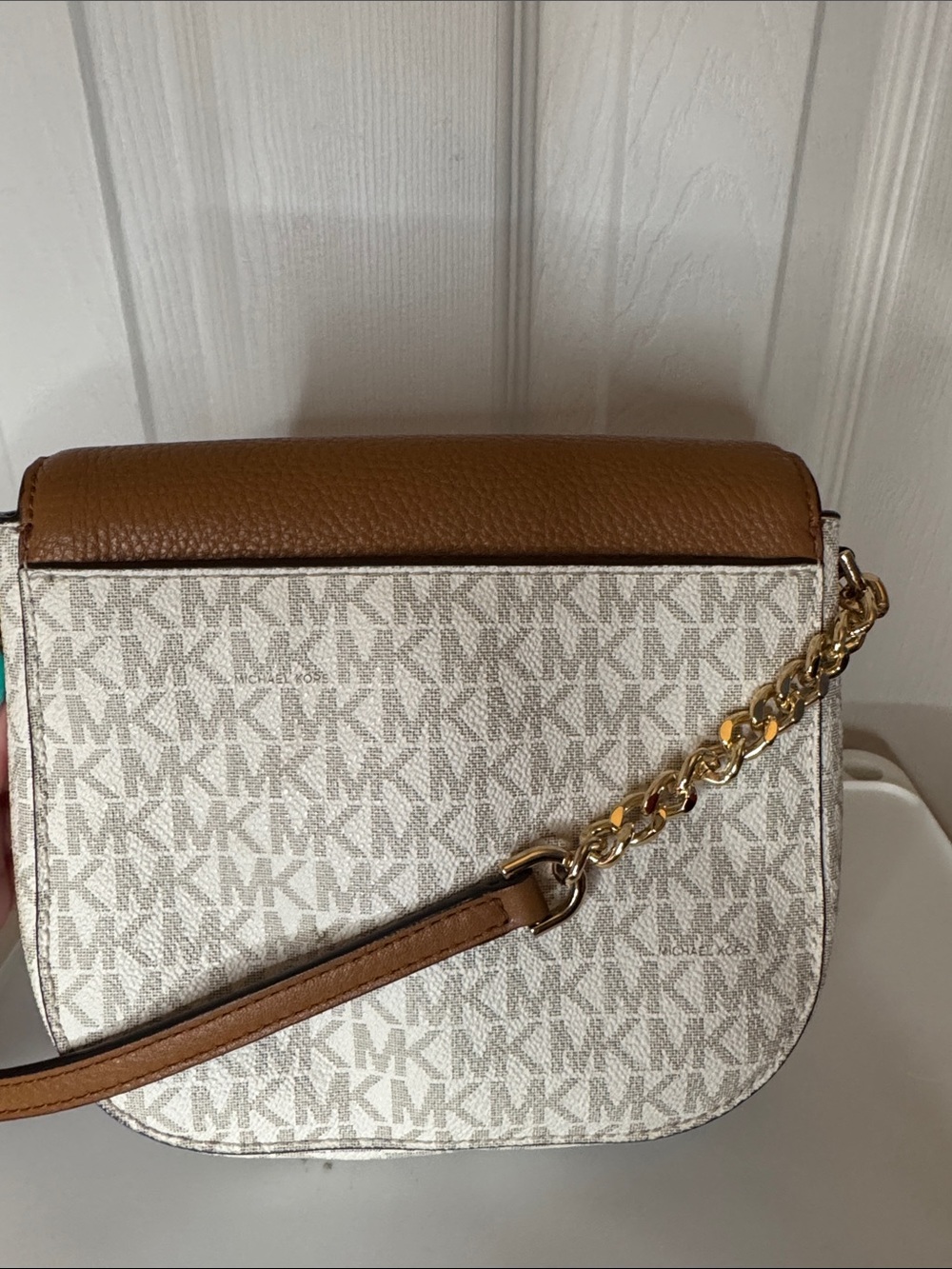 Michael Kors Tan and Beige MK Signature Crossbody Saddle Bag - Picture 4 of 6